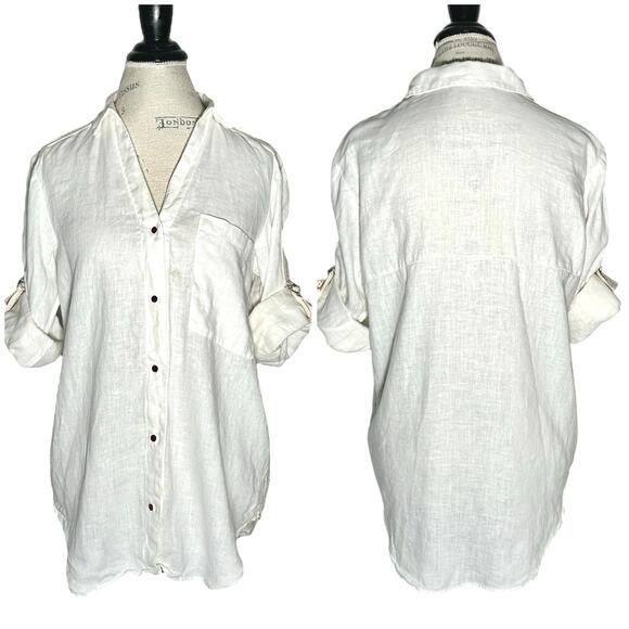 Zara | Women | 100% Linen White Roll Tab V-Neck Button Up Top | Size XS - Picture 1 of 10